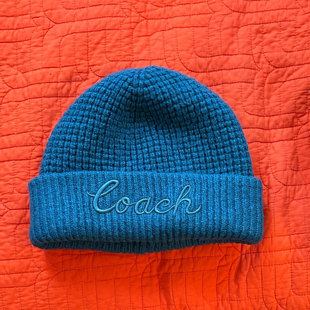 Coach Teal Knit Beanie with Script Logo